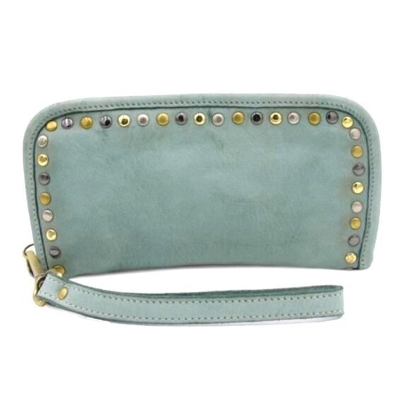 Bolsa Nova Handbags - Sofia Zip Around Studded Wallet Pistachio Green Italian Washed Leather Wristlet